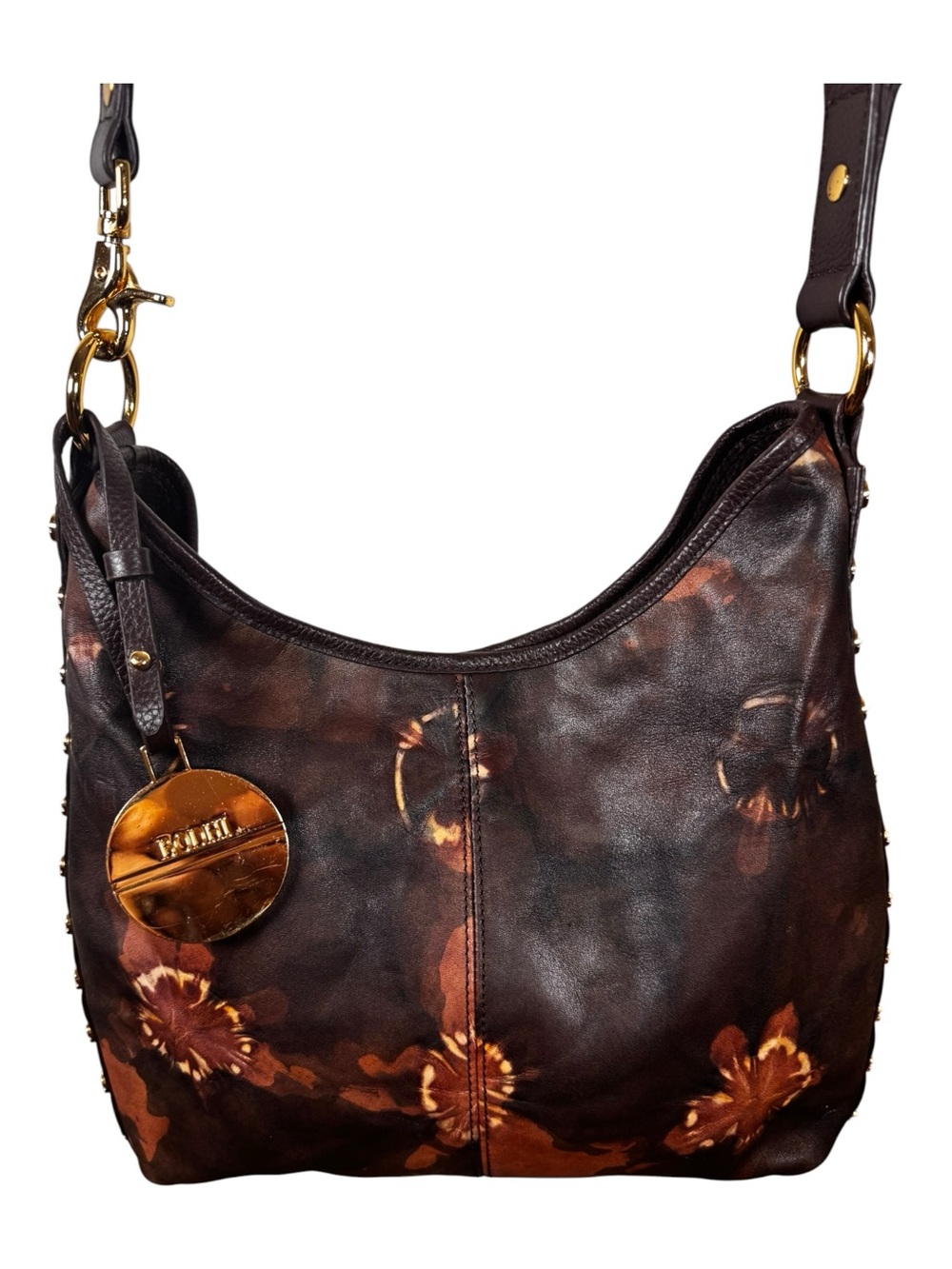 Bodhi Floral Leather Hobo Shoulder Bag Brown Orange Tie Dye Studded Purse Large
